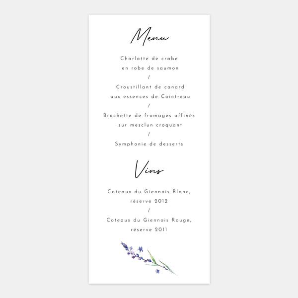 Menü Hochzeit Lavendelzweig