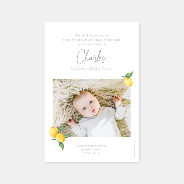 Watercolor lemon birth announcement