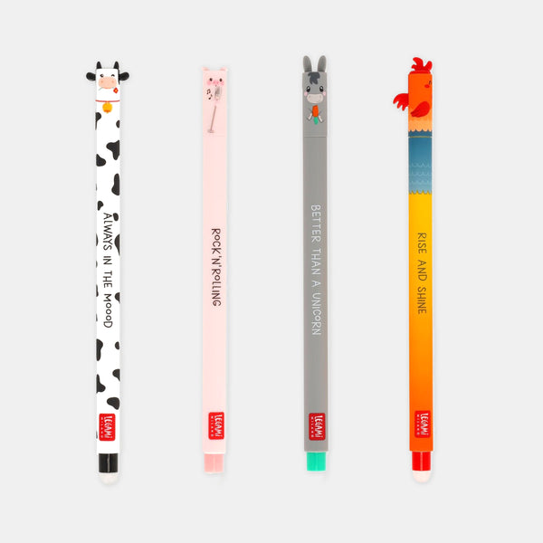 Set de 4 stylos encre gel effaçables - Animaux de la ferme