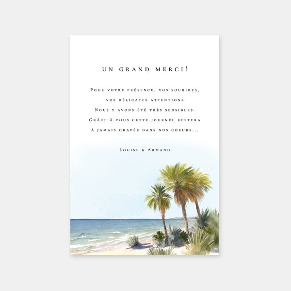 Danksagungskarte für die tropische Strandhochzeit in Wasserfarbe