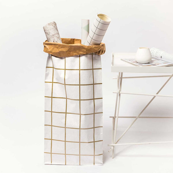 Papiertüte Gold und Weiß mit flachem Boden – X groß