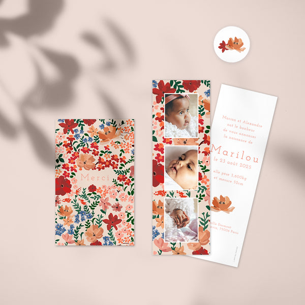 Birth announcement bookmark my first flowers