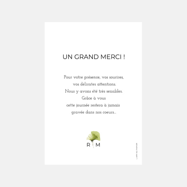 Carton remerciement mariage ginkgo
