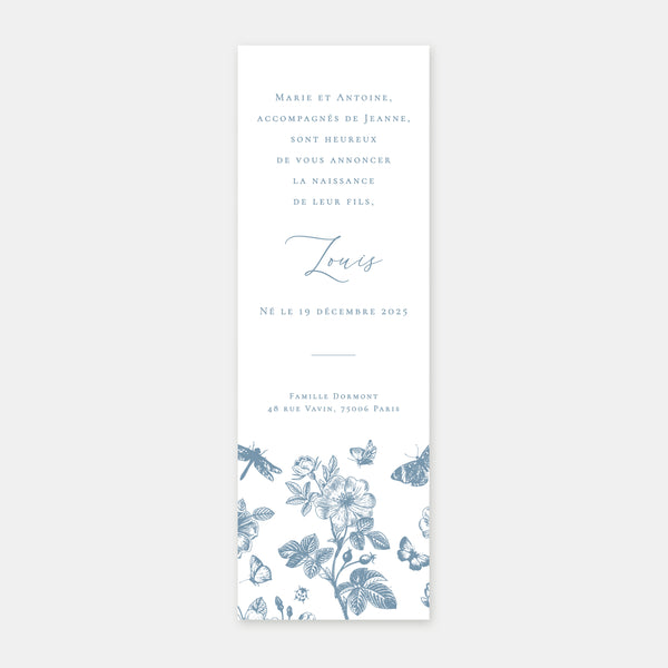 Toile de Jouy-Lesezeichen für die Geburtsanzeige