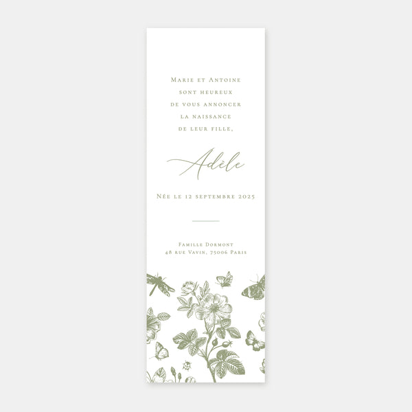 Toile de Jouy-Lesezeichen für die Geburtsanzeige